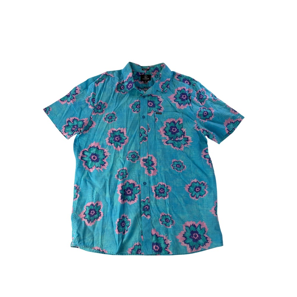 Volcom Button Up Shirt Mens XL Blue Floral Tie Dye Short Sleeve Beach Pastel